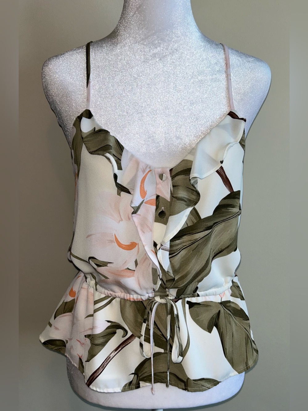 Express Floral Ruffle Tie-Front Cami in White, Olive & Blush